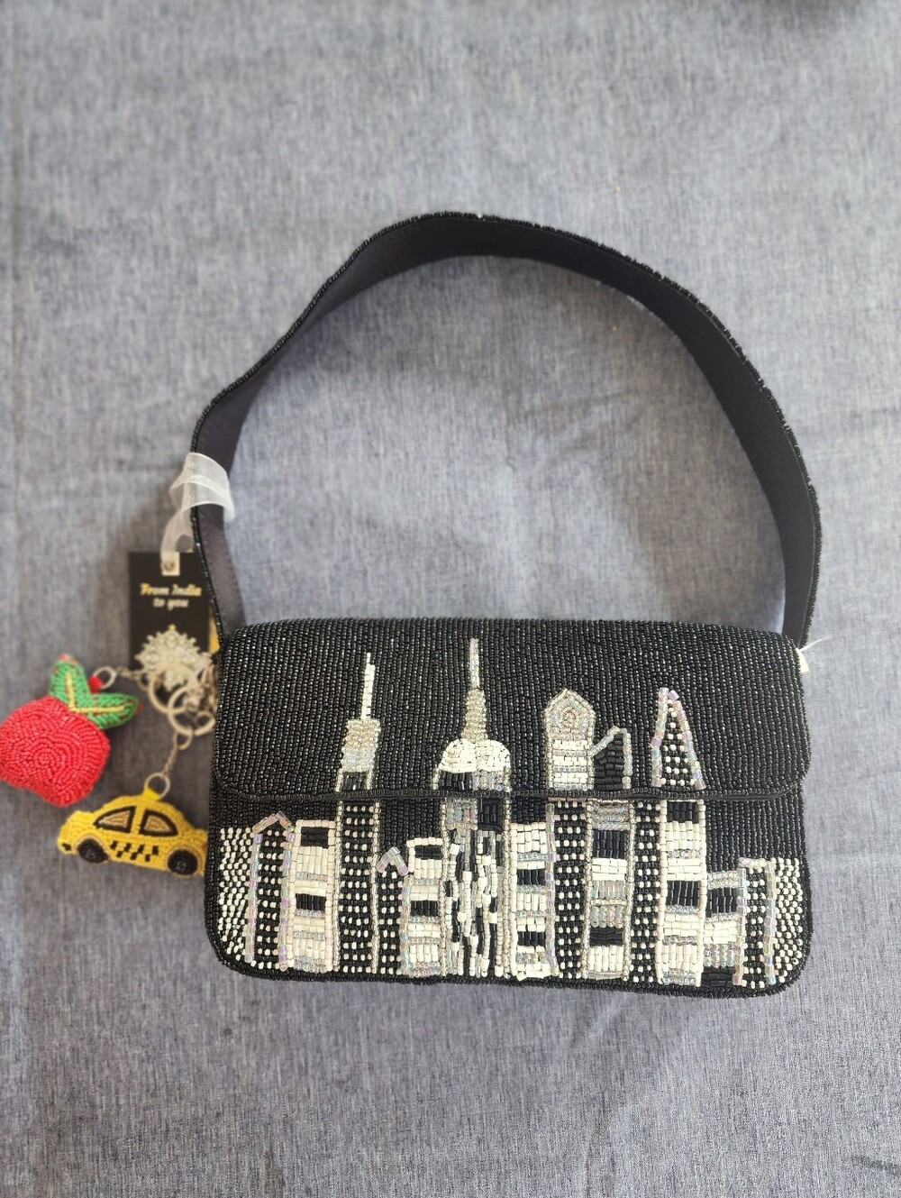 NWT Viral NYC Skyline Beaded Shoulder Bag Big Apple Cityscape Black And White